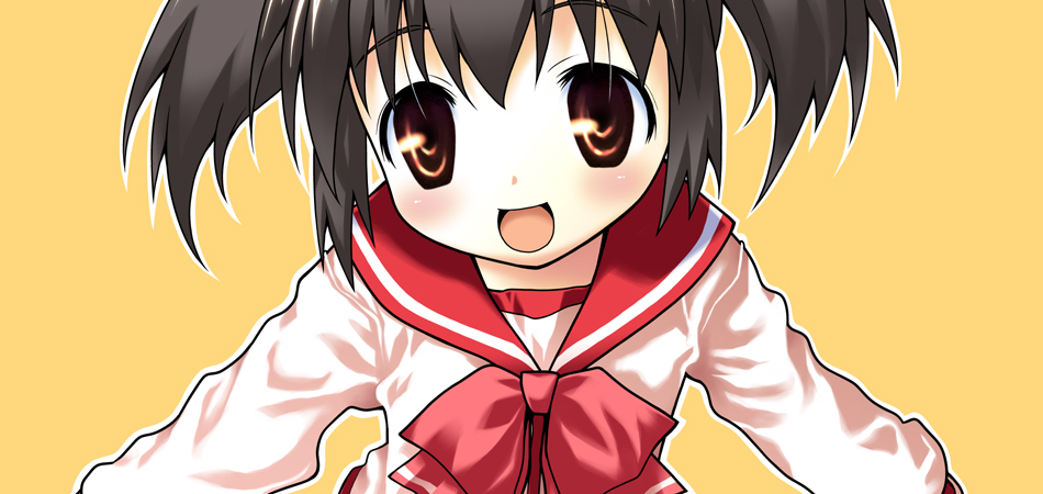kurosu tsugutoshi, yuzuhara konomi, to heart (series), to heart 2, 00s, 1girl, black hair, blush, brown eyes, female focus, school uniform, short hair, short twintails, smile, solo, twintails, yellow background