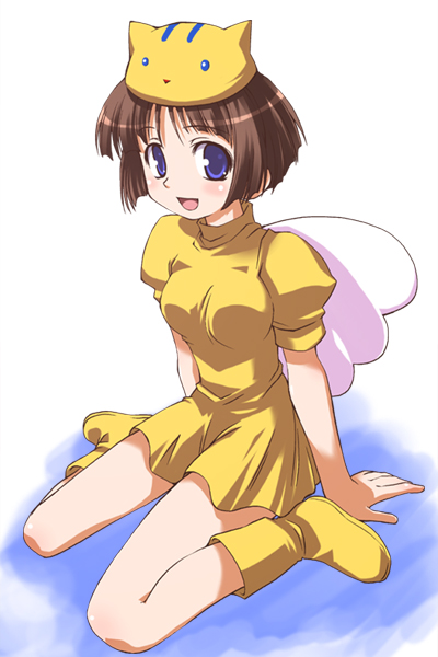 shiokonbu project, 1girl, animal ears, animal hat, blue eyes, boots, brown hair, cat ears, cathead, dress, fairy, fake animal ears, female focus, hat, short hair, solo, turtleneck, turtleneck dress, wings, yellow boots, yellow hat