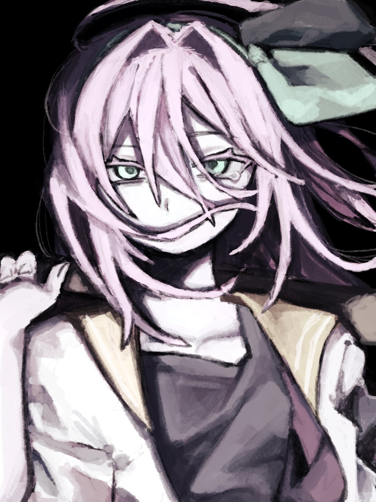 aubrey (faraway) (omori), aubrey (omori), omori, highres, 1girl, baseball bat, black background, black shirt, bow hairband, collarbone, colored eyelashes, covered mouth, dark background, double-parted bangs, fingernails, green eyes, green hairband, hair between eyes, hair intakes, hairband, hand up, holding, holding baseball bat, jacket, long hair, looking at viewer, madai (si 202), open clothes, open jacket, pink hair, sailor collar, shirt, simple background, solo, straight-on, tearing up, upper body, white jacket, wind, yellow sailor collar