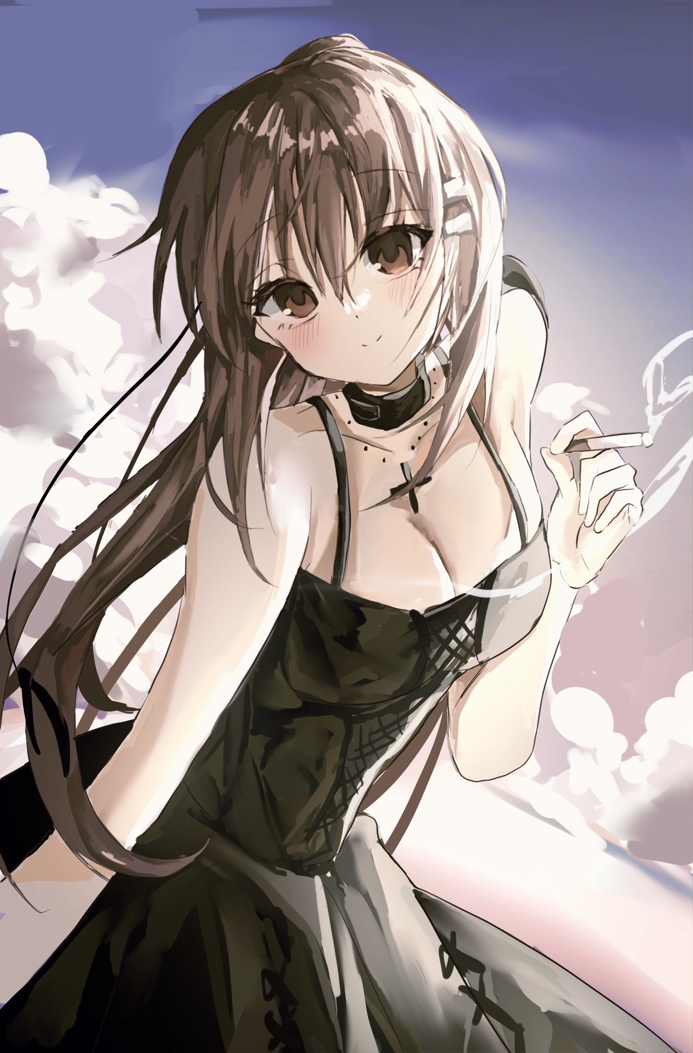 shiro rei419, minakami yuki, subarashiki hibi, commentary request, highres, 1girl, arm at side, bare shoulders, black choker, black dress, blush, breasts, brown eyes, brown hair, choker, cigarette, cleavage, closed mouth, cloud, collarbone, cowboy shot, cross, cross necklace, day, dress, hair between eyes, hair ornament, hairclip, hand up, holding, holding cigarette, jewelry, large breasts, long hair, looking at viewer, necklace, outdoors, parallel hairclips, ponytail, sidelighting, sidelocks, sleeveless, sleeveless dress, smile, smoke, smoking, solo, split mouth, very long hair