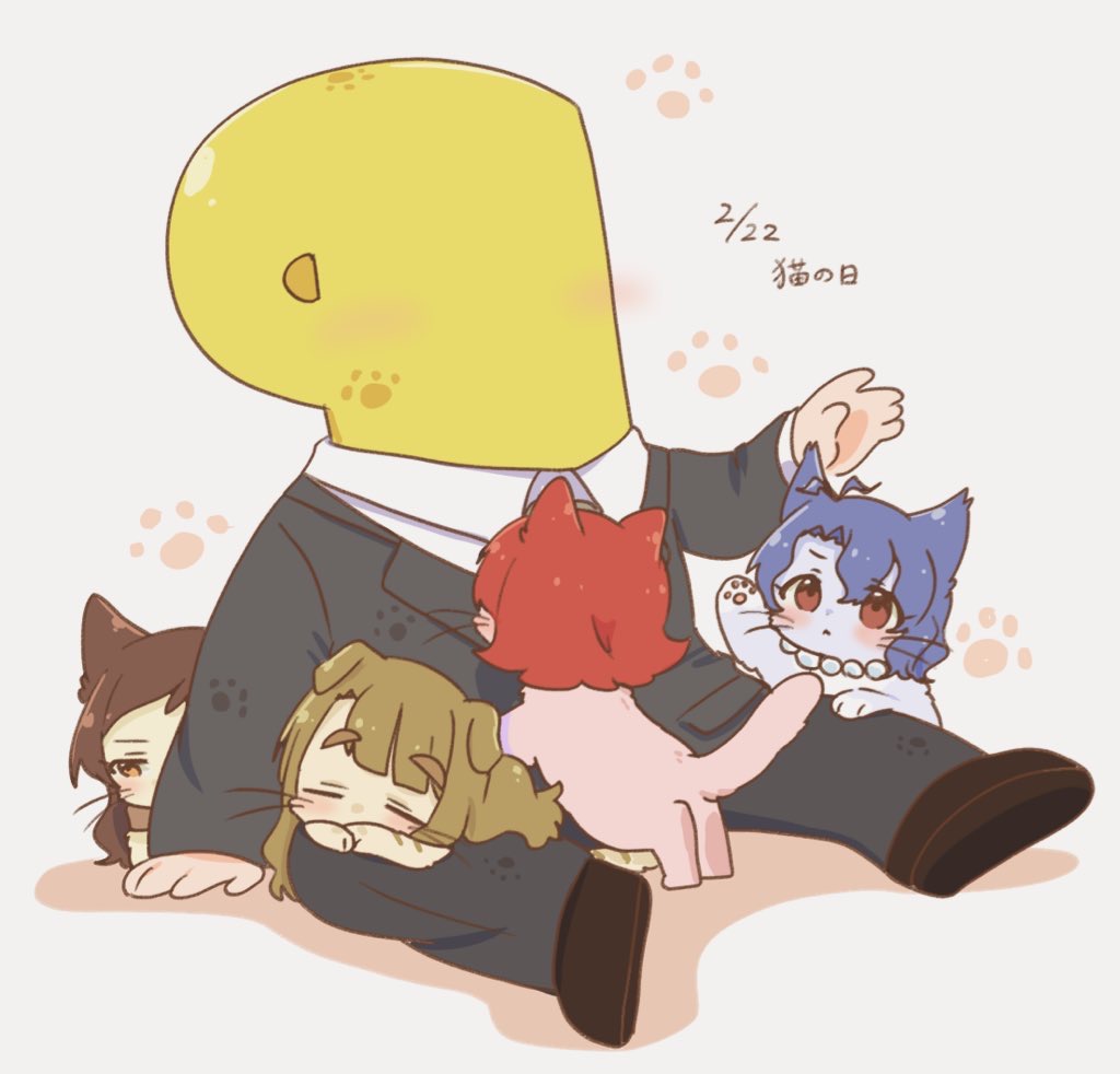 hutaba, kitazawa shiho, miyao miya, nonohara akane, p-head producer, producer (idolmaster), toyokawa fuka, idolmaster, idolmaster million live!, 1boy, animal, animalization, black jacket, black pants, blue hair, brown eyes, brown hair, brown shoes, business suit, cat, closed eyes, dated, deformed, formal clothes, jacket, object head, pants, paw print, red hair, shadow, shoes, simple background, sitting, suit, suit jacket, white background