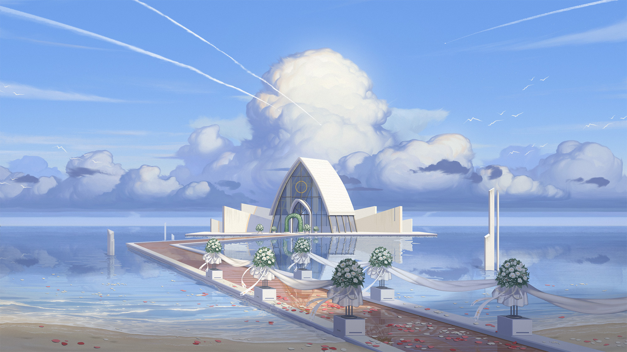 mangshuo, black surge night, chinese commentary, highres, official art, arch, architecture, beach, bouquet, broken pillar, building, cloud, contrail, cumulonimbus cloud, day, floral arch, flower, glass wall, no humans, ocean, outdoors, petals, petals on liquid, pier, reflection, reflective water, rose, scenery, stanchion, white flower, white rose