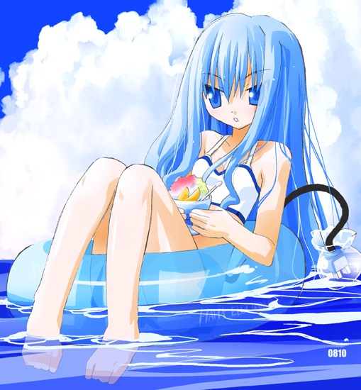 noto (soranoto), original, 1girl, afloat, barefoot, bikini, blue eyes, blue hair, cloud, day, electric plug, female focus, food, innertube, long hair, matching hair/eyes, shaved ice, solo, swim ring, swimsuit, water, white bikini