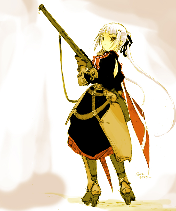 fujiwara warawara, 1girl, antique firearm, armor, armored dress, boots, dress, female focus, firearm, gun, hair ribbon, high heel boots, high heels, ribbon, rifle, shoes, solo, twintails, weapon, white hair