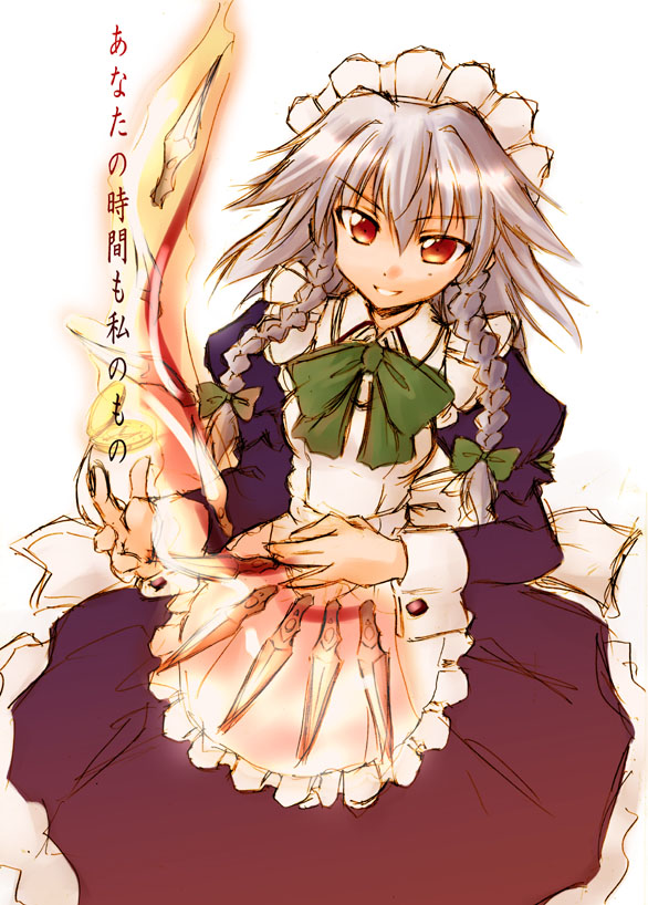 hirasaka makoto, izayoi sakuya, touhou, silver hair, translated, 1girl, braid, dress, female focus, maid, orange eyes, solo, twin braids, white background