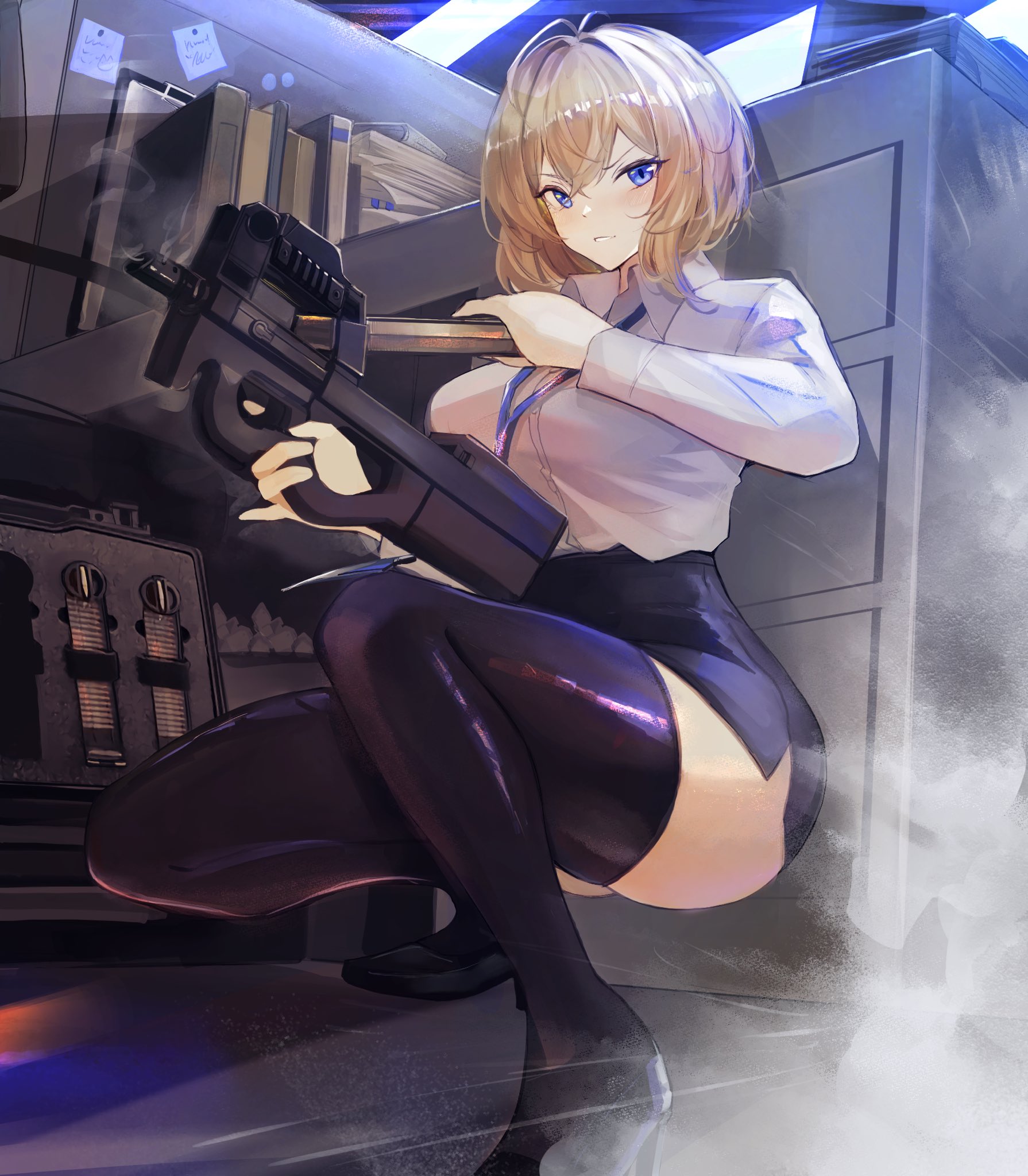 arktic, original, highres, 1girl, black thighhighs, blonde hair, blue eyes, breasts, bullpup, gun, large breasts, magazine (weapon), medium hair, office lady, p90, pencil skirt, reloading, skirt, smile, solo, submachine gun, taking cover, thighhighs, weapon