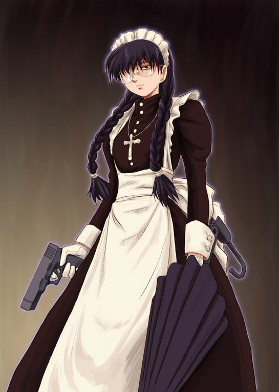ryp, roberta (black lagoon), black lagoon, 00s, 1girl, apron, braid, combat maid, cross, female focus, glasses, glock, gun, handgun, latin cross, maid, maid apron, opaque glasses, pistol, red eyes, solo, twin braids, weapon
