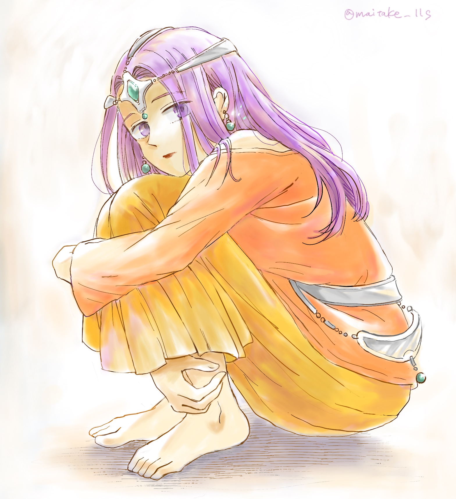 minea (dq4), dragon quest, dragon quest iv, highres, 1girl, alternate eye color, artist name, asymmetrical dress, barefoot, brown lips, circlet, dark-skinned female, dark skin, dress, earrings, expressionless, forehead jewel, full body, gem, green gemstone, hugging own legs, jewelry, knees to chest, lipstick, long dress, long hair, long sleeves, looking at viewer, maitake 11s, makeup, metal belt, orange dress, purple eyes, purple hair, silver circlet, single bare shoulder, single sleeve, sitting, solo, sphere earrings