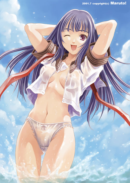 maruto!, original, 1girl, arms behind back, bottomless, bow, bow panties, brown eyes, female focus, lace, lace-trimmed panties, lace trim, lingerie, long hair, navel, no bra, no pants, one eye closed, open clothes, open shirt, outdoors, panties, ribbon, school uniform, serafuku, shirt, sky, solo, standing, thigh gap, thighs, underwear, water, white panties, wink