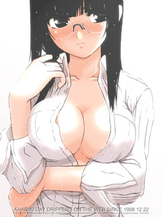 itokatsu, original, lowres, 1girl, blouse, collared shirt, female focus, frown, glasses, hand in own hair, open clothes, open shirt, shirt, solo, white shirt