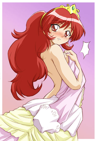 elsa (futagohime), fushigiboshi no futago hime, 00s, 1girl, back, backless dress, backless outfit, blush, breasts, clothes in front, covering breasts, covering privates, crown, dress, female focus, nude, nude cover, red eyes, red hair, solo, tiara