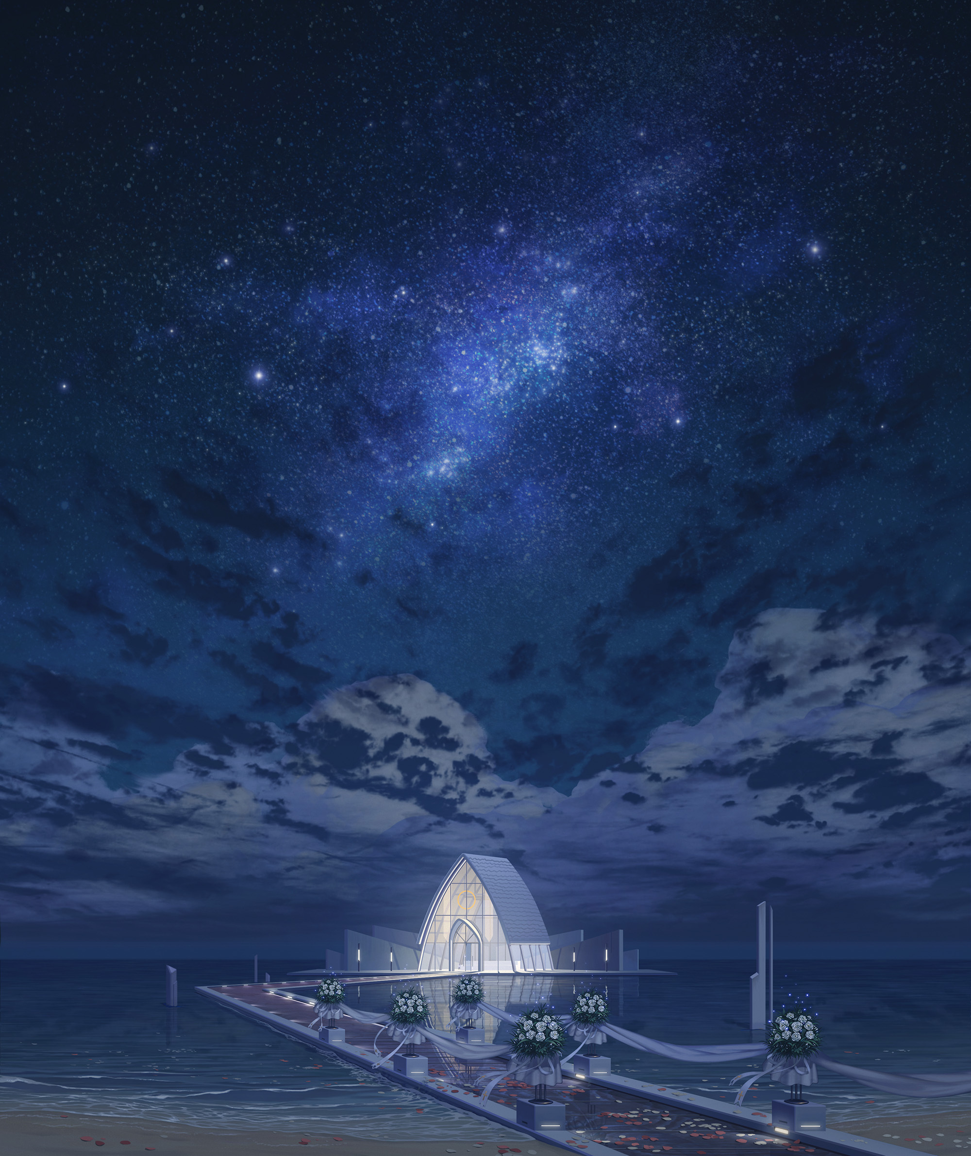 mangshuo, black surge night, chinese commentary, highres, official art, arch, architecture, beach, bouquet, broken pillar, building, cloud, floral arch, flower, glass wall, night, night sky, no humans, ocean, outdoors, petals, petals on liquid, pier, reflection, reflective water, rose, scenery, sky, stanchion, star (sky), starry sky, white flower, white rose, wide shot