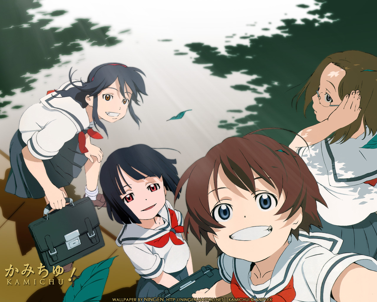 yabuno kouji, hitotsubashi yurie, saegusa matsuri, saegusa miko, shijou mitsue, kamichu!, hand on head, white legwear, official art, official wallpaper, 00s, 4girls, :d, adjusting hair, age difference, ahoge, bag, bent over, black hair, blue eyes, bob cut, brown eyes, brown hair, child, close-up, copyright name, everyone, flat chest, foreshortening, from above, from behind, glasses, grin, hairband, leaf, loafers, long hair, looking at viewer, looking back, multiple girls, necktie, open mouth, outdoors, pink eyes, pleated skirt, satchel, school bag, school uniform, serafuku, shadow, shoes, short hair, siblings, sisters, skirt, smile, socks, squatting, standing, watermark