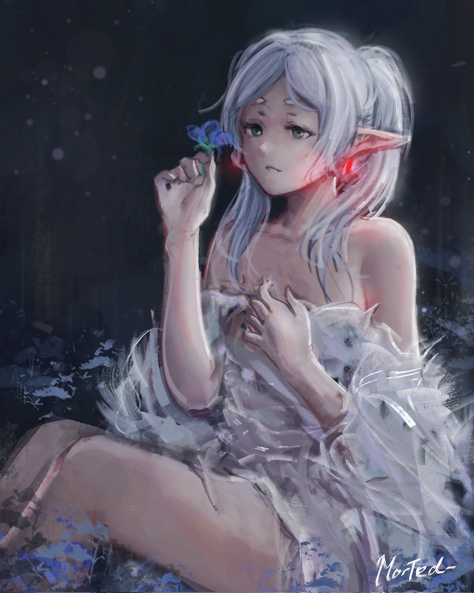 frieren, sousou no frieren, commentary, highres, 1girl, bare shoulders, blue flower, collarbone, dress, earrings, elf, feet out of frame, floating earrings, flower, green eyes, holding, holding flower, jewelry, long hair, morted art, off-shoulder dress, off shoulder, painterly, parted bangs, parted lips, pointy ears, signature, sitting, solo, teardrop earrings, twintails, white dress, white hair