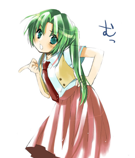 sonozaki mion, higurashi no naku koro ni, 00s, 1girl, dress, female focus, green eyes, green hair, hand on own hip, long hair, matching hair/eyes, necktie, pointing, ponytail, red dress, red necktie, school uniform, simple background, solo, vest, white background