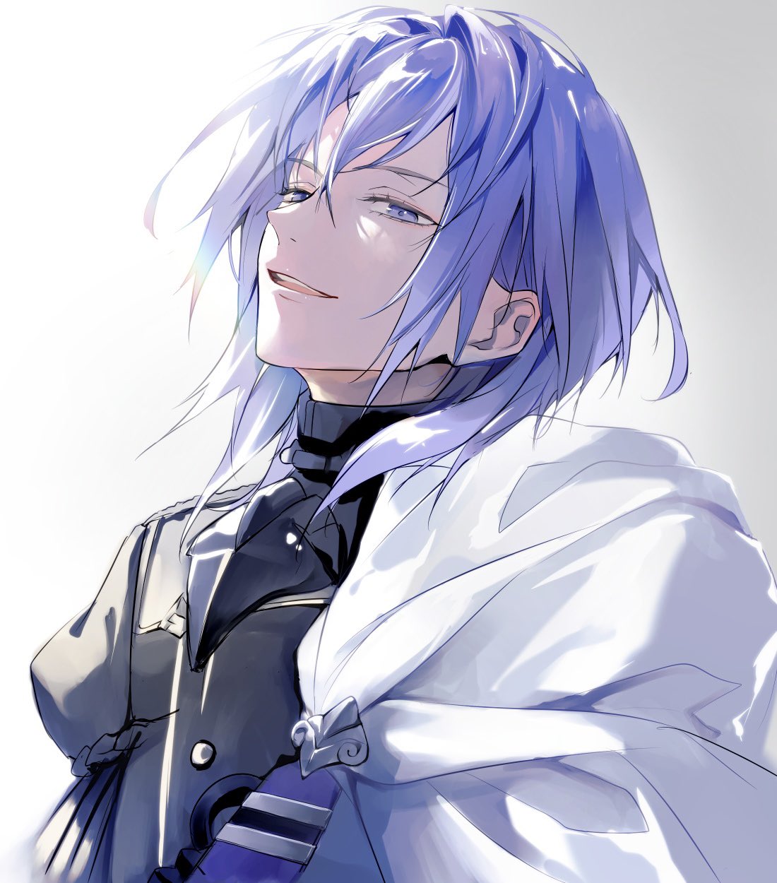 zat 296, yuri leclerc, fire emblem, fire emblem: three houses, nintendo, highres, 1boy, black jacket, black shirt, cape, garreg mach monastery uniform, hair between eyes, jacket, looking to the side, male focus, medium hair, parted lips, purple eyes, purple hair, school uniform, shirt, side cape, smile, solo, teeth, turtleneck, upper body, white background, white cape