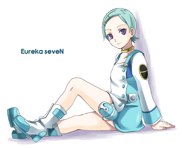 kubyou azami, eureka (eureka seven), eureka seven, eureka seven (series), 00s, 1girl, blue hair, boots, collar, copyright name, female focus, full body, green hair, looking at viewer, purple eyes, sitting, solo, thigh strap, white boots