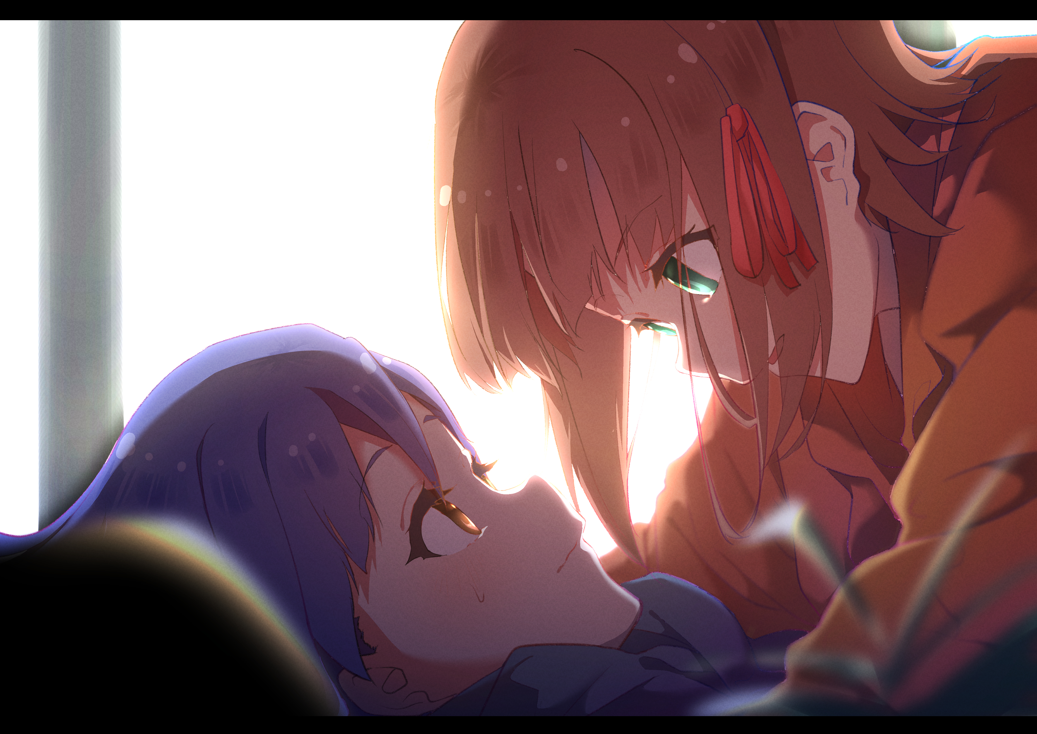 musihara, amami haruka, kisaragi chihaya, idolmaster, idolmaster (classic), absurdres, highres, 2girls, backlighting, blue hair, brown eyes, brown hair, eye contact, green eyes, hair ribbon, letterboxed, looking at another, multiple girls, red ribbon, ribbon, short hair, yuri