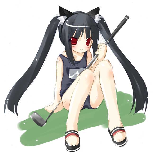 yanagi yuu, kooh (pangya), pangya, 1girl, animal ear fluff, animal ears, black hair, black one-piece swimsuit, blue one-piece swimsuit, cat ears, female focus, name tag, one-piece swimsuit, red eyes, school swimsuit, sitting, solo, swimsuit
