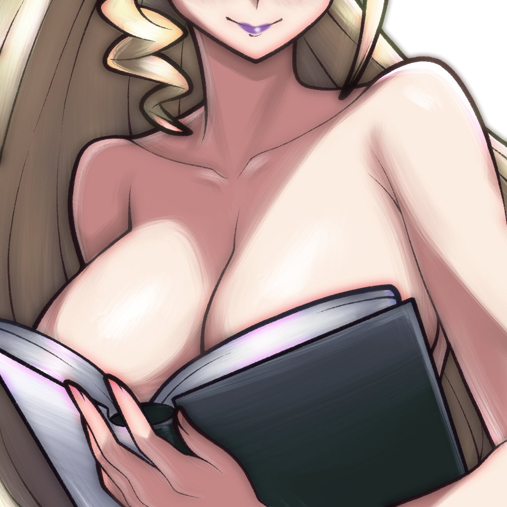 rotomdocs, hilda (under night in-birth), under night in-birth, 1girl, book, breasts, eyes out of frame, head out of frame, holding, holding book, large breasts, lipstick, long hair, makeup, open book, purple eyes, smile, solo, upper body, very long hair