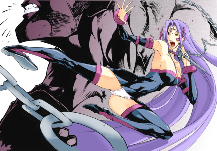 usuiken, heracles (fate), medusa (fate), medusa (rider) (fate), fate/stay night, fate (series), 00s, 1boy, 1girl, black thighhighs, boots, dress, kicking, long hair, nameless dagger (fate), panties, rider kick, strapless, strapless dress, thigh boots, thighhighs, underwear, very long hair, white panties