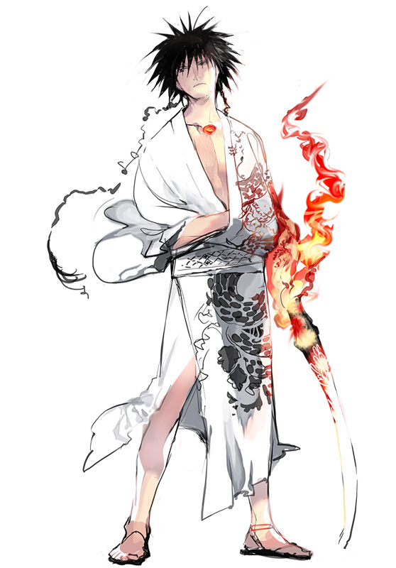miyama waka, 1boy, black hair, fire, japanese clothes, kimono, male focus, obi, samurai, sandals, sash, solo, spiked hair