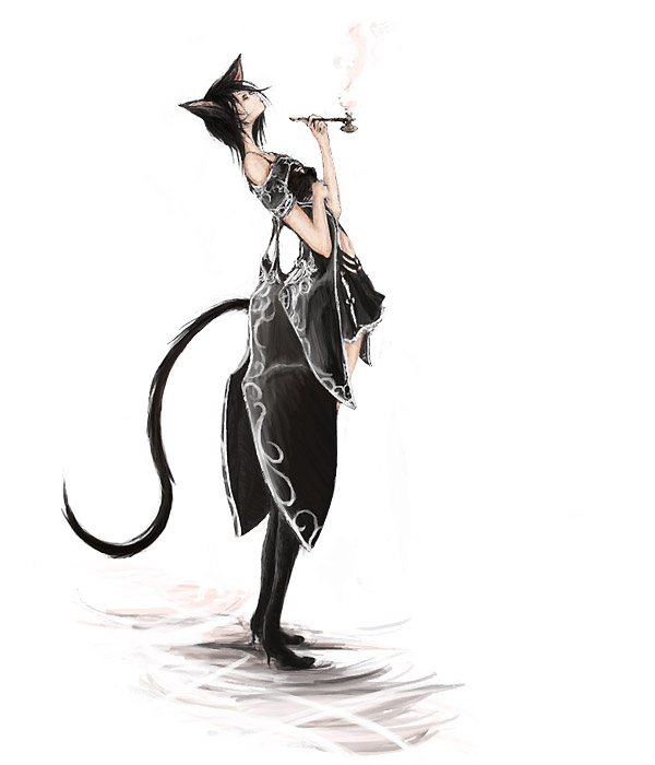 bataunco, 1girl, animal ears, black hair, cat ears, cat tail, female focus, kiseru, short hair, smoking pipe, solo, tail