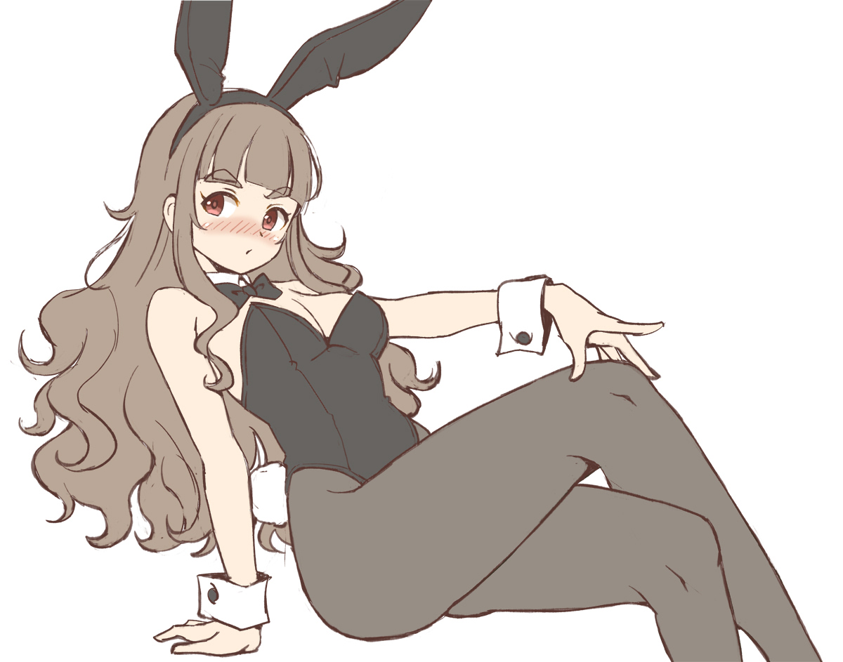 satomura kyou, kamiya nao, idolmaster, idolmaster cinderella girls, 1girl, animal ear hairband, animal ears, black bow, black bowtie, black leotard, black pantyhose, blush, bow, bowtie, brown eyes, brown hair, detached collar, fake animal ears, feet out of frame, flat color, hairband, invisible chair, leotard, nose blush, pantyhose, playboy bunny, rabbit ears, rabbit tail, sitting, solo, strapless, strapless leotard, tail, thick eyebrows, wrist cuffs