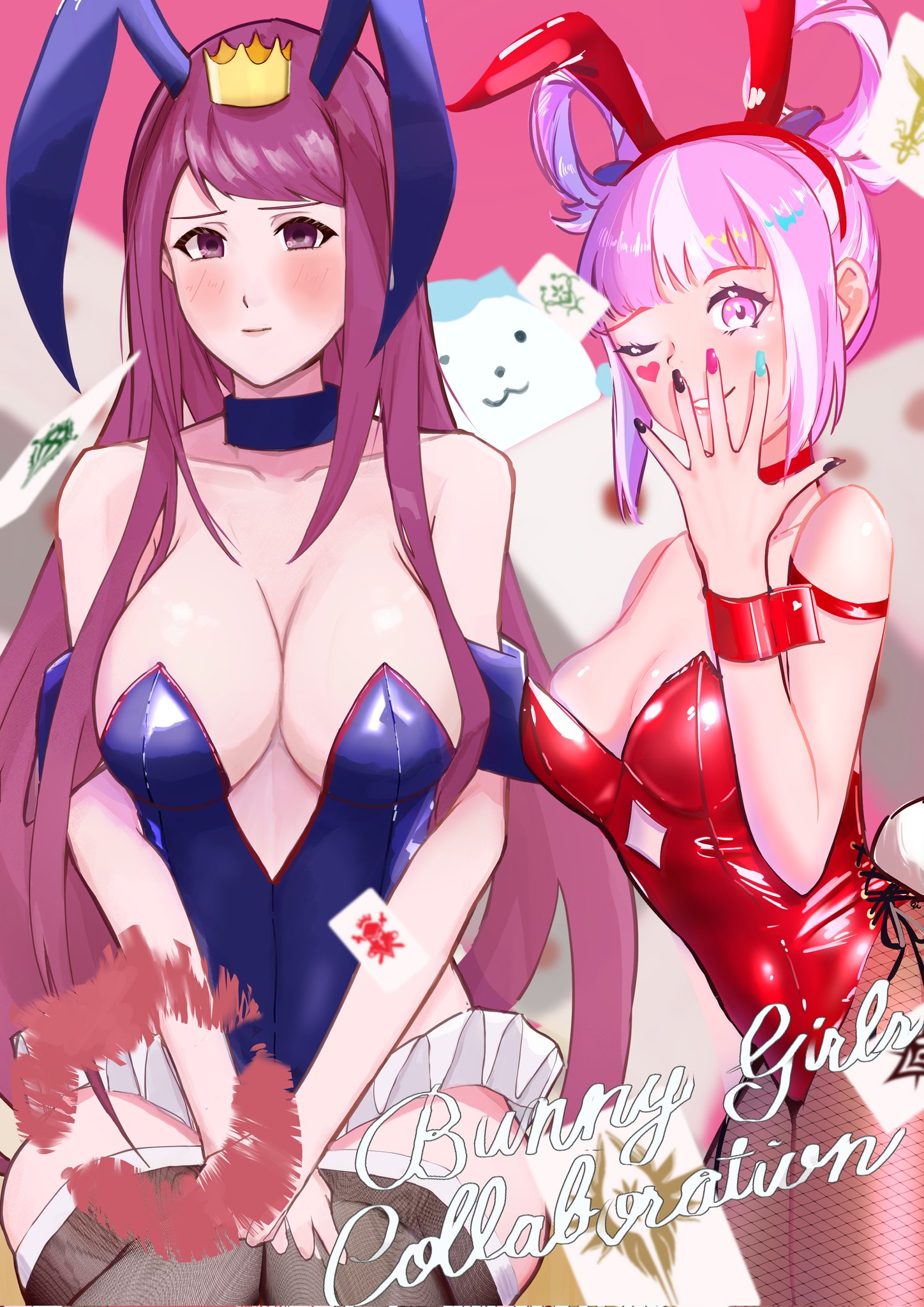 strixinkagoshim, hortensia (fire emblem), ivy (fire emblem), sommie (fire emblem), fire emblem, fire emblem engage, nintendo, highres, 2girls, ;d, alternate costume, animal ears, black nails, blue nails, blush, breasts, cleavage, fake animal ears, fake tail, fishnet pantyhose, fishnets, grin, large breasts, leotard, lipstick mark, medium breasts, multicolored hair, multicolored nails, multiple girls, nail polish, nervous, nervous smile, one eye closed, open mouth, own hands together, pantyhose, pink eyes, pink hair, pink nails, playboy bunny, purple eyes, purple hair, rabbit ears, rabbit tail, shy, siblings, sideboob, sisters, smile, tail, thick thighs, thighhighs, thighs, two-tone hair