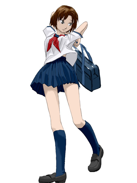 bow, brown hair, from below, green eyes, kneehighs, loafers, pleated skirt, school uniform, serafuku, shoes, skirt, socks, solo
