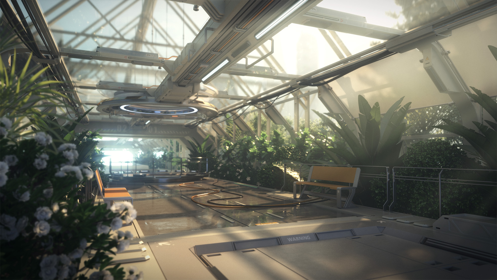 mangshuo, black surge night, chinese commentary, highres, official art, bench, bridge, bush, cable, conservatory, day, flower, glass ceiling, indoors, no humans, plant, railing, scenery, science fiction, sunlight, suspension bridge, white flower, window shadow