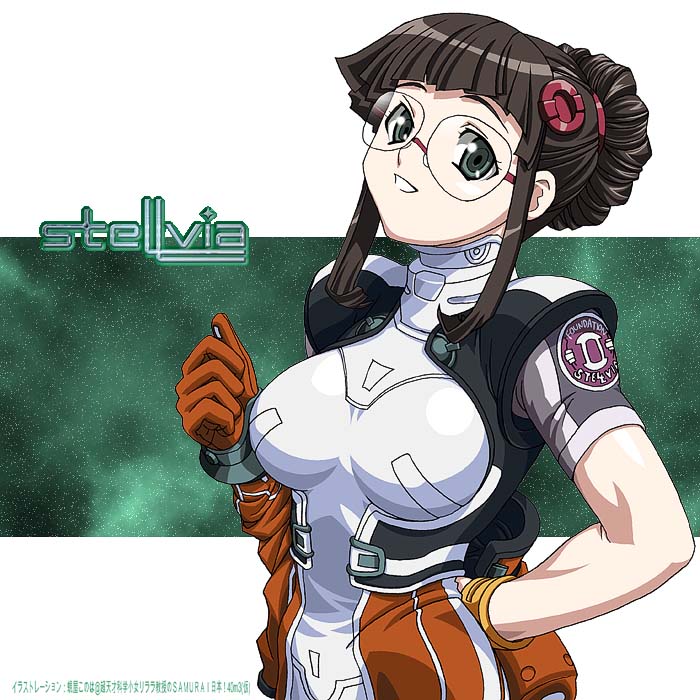 fujisawa yayoi, fujisawa yayoi (uchuu no stellvia), uchuu no stellvia, uniform, 00s, 1girl, bodysuit, breasts, brown hair, donut hair bun, female focus, glasses, gloves, green eyes, hair bun, hand on own hip, large breasts, looking at viewer, short sleeves, sidelocks, smile, solo, space