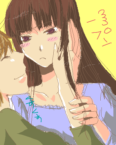 hasekura rei, shimazu yoshino, maria-sama ga miteru, lowres, 00s, 2girls, blush stickers, casual, closed eyes, collarbone, hand on another's face, hime cut, holding another's wrist, multiple girls, oekaki, poorly drawn, profile, smile, yuri