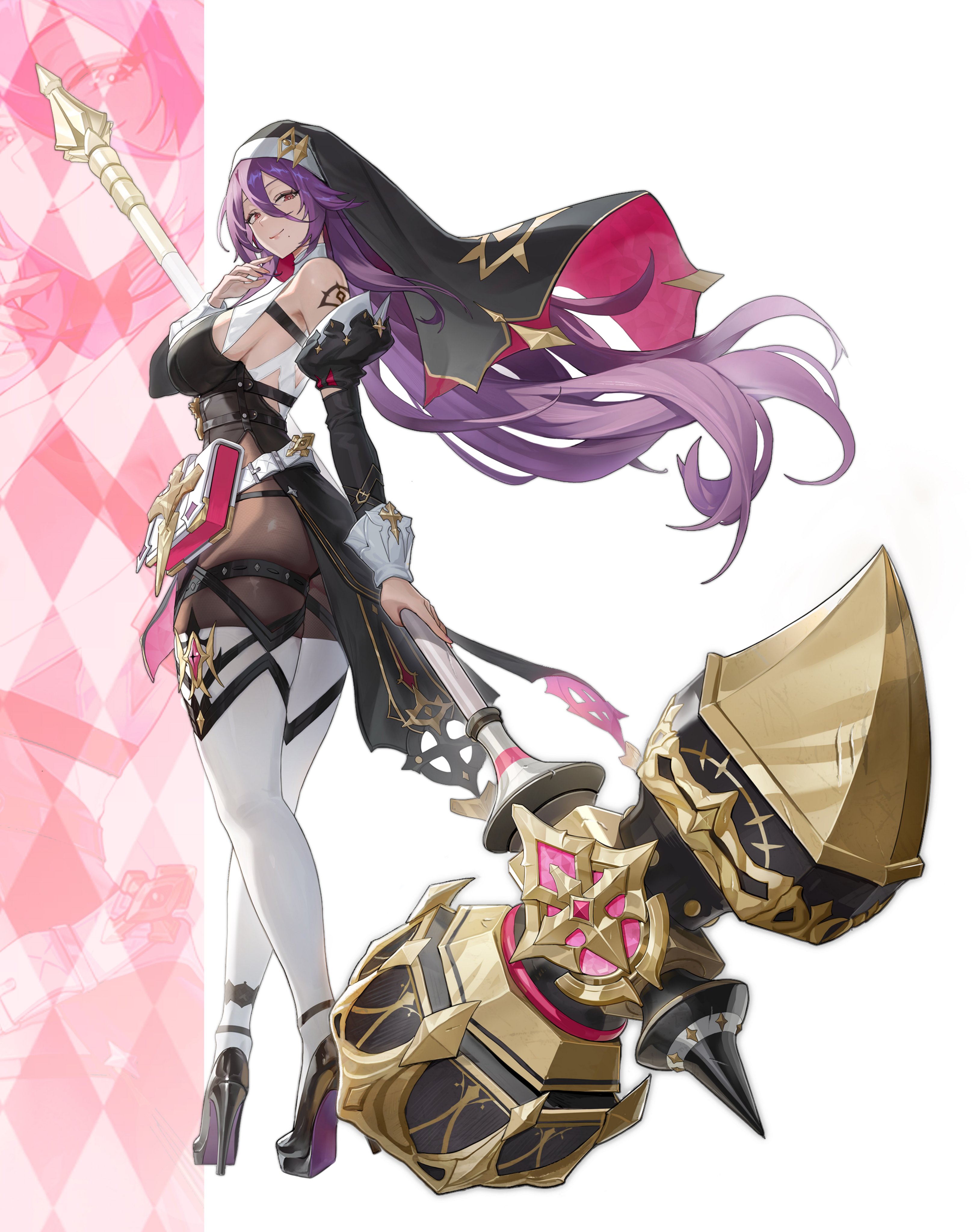 m0hag1, original, absurdres, hashtag-only commentary, highres, 1girl, belt, black dress, black shoes, black sleeves, book, breasts, bright pupils, closed mouth, coif, colored shoe soles, cross, crossed legs, detached sleeves, dress, floating hair, hair between eyes, hammer, hand up, harness, high heels, holding, holding hammer, holding weapon, huge weapon, large breasts, long hair, long hair between eyes, looking at viewer, mole, mole under mouth, nun, purple hair, red eyes, shoes, shoulder tattoo, side slit, smile, standing, tattoo, thighhighs, very long hair, war hammer, weapon, white belt, white pupils, white thighhighs