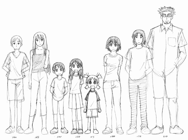 azuma kiyohiko, ayase asagi, ayase ena, ayase fuuka, hayasaka miura, jumbo, koiwai yotsuba, mr. koiwai, mrs ayase, yotsubato!, 2boys, 6+girls, child, denim, everyone, family, father and daughter, glasses, greyscale, height chart, height difference, jeans, lineup, long hair, monochrome, mother and daughter, multiple boys, multiple girls, pants, quad tails, raglan sleeves, short hair, shorts, siblings, simple background, sisters, sketch, skirt, thick eyebrows, white background