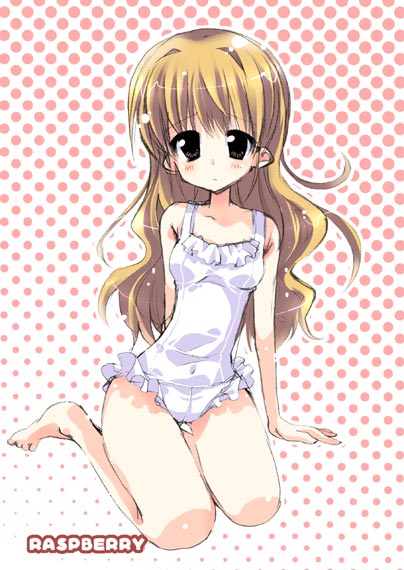 takasaki yuuki, original, frilled swimsuit, 1girl, arm support, black eyes, brown hair, casual one-piece swimsuit, female focus, frills, long hair, navel, one-piece swimsuit, sitting, solo, swimsuit, yokozuwari