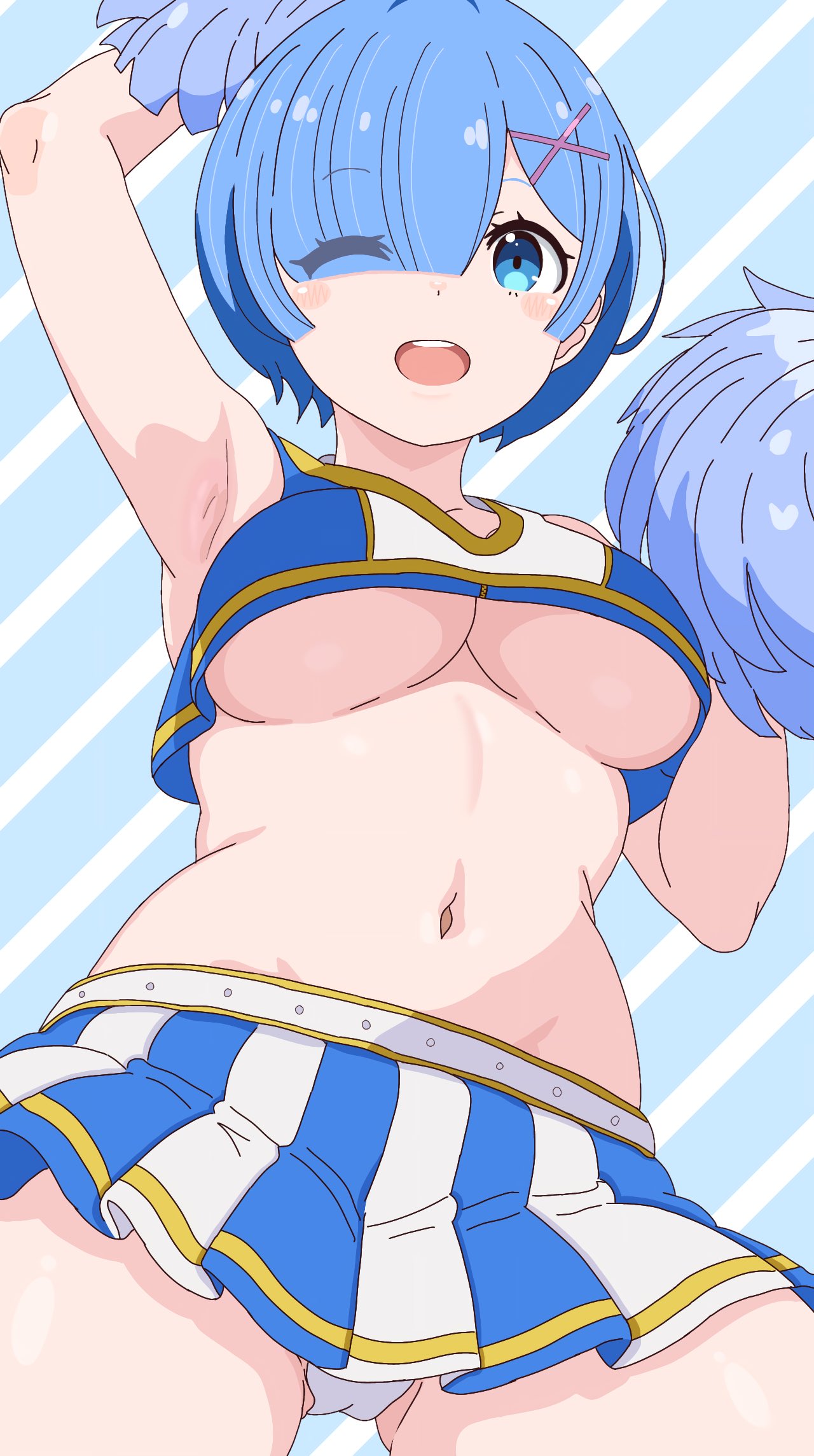 remnia, rem (re:zero), re:zero kara hajimeru isekai seikatsu, commentary, highres, 1girl, :d, arm up, armpits, blue background, blue eyes, blue hair, blue skirt, blue tank top, blush stickers, breasts, cheerleader, cowboy shot, cropped shirt, hair ornament, hair over one eye, looking at viewer, multicolored skirt, navel, one eye closed, open mouth, panties, pantyshot, pleated skirt, plump, pom pom (cheerleading), skirt, smile, solo, tank top, thighs, underboob, underwear, white panties, white skirt, x hair ornament