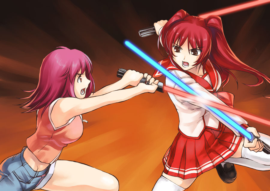 tanaka shoutarou, kousaka tamaki, naegino sora, kaleido star, star wars, to heart (series), to heart 2, brown eyes, casual, clash, crossover, denim, denim shorts, energy sword, lightsaber, parody, pleated skirt, red hair, school uniform, serafuku, shorts, skirt, sword, thighhighs, weapon, zettai ryouiki