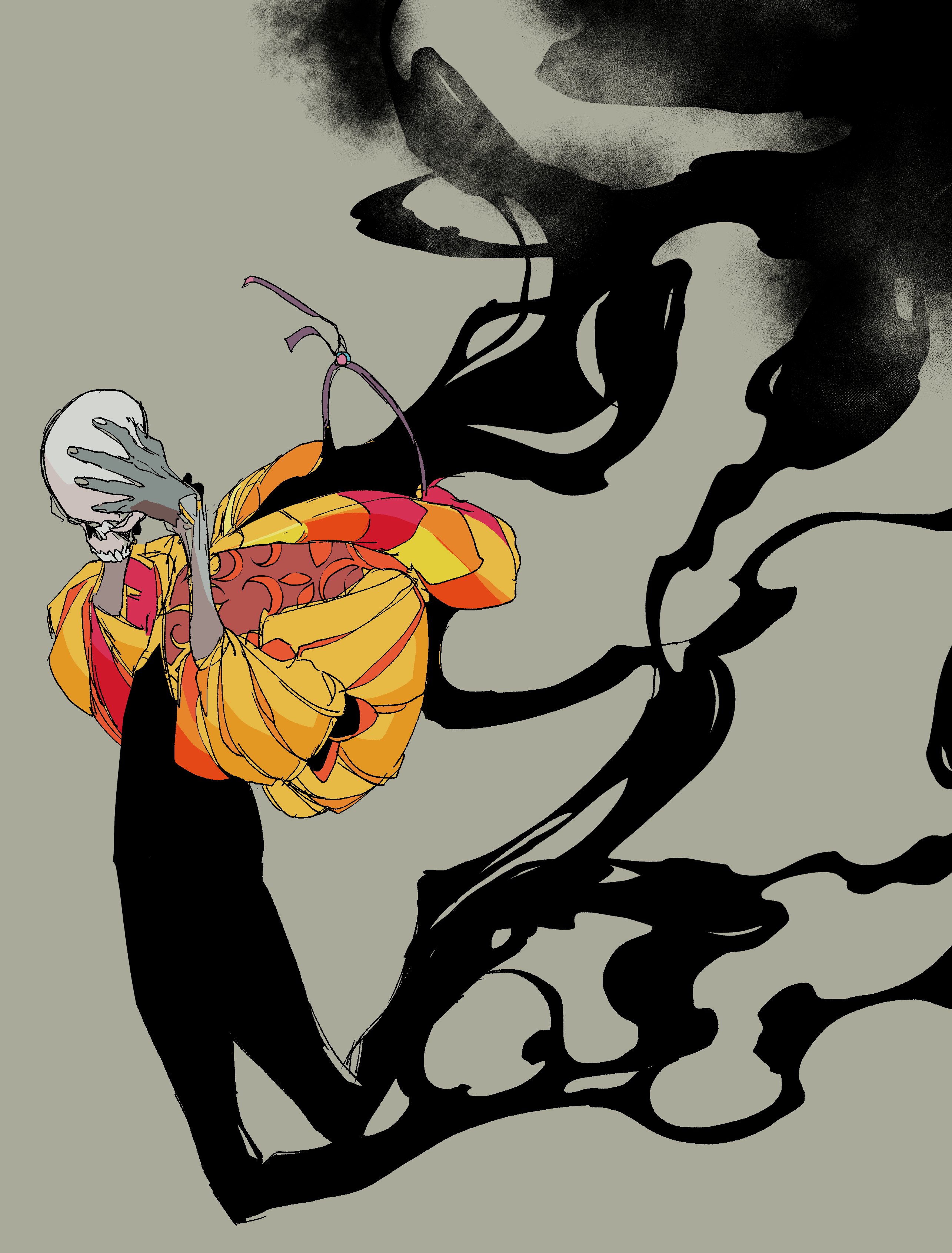 bakushi (smys2017), madk, absurdres, commentary request, highres, 1boy, darkness, full body, green background, holding detached head, long sleeves, male focus, puffy long sleeves, puffy sleeves, simple background, skull, solo