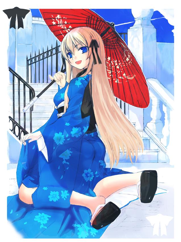 murasame ryou, 1girl, blonde hair, blue eyes, female focus, hair ribbon, japanese clothes, kneeling, long hair, looking back, oil-paper umbrella, open mouth, pinky out, ribbon, ringed eyes, sandals, solo, stairs, umbrella, zouri