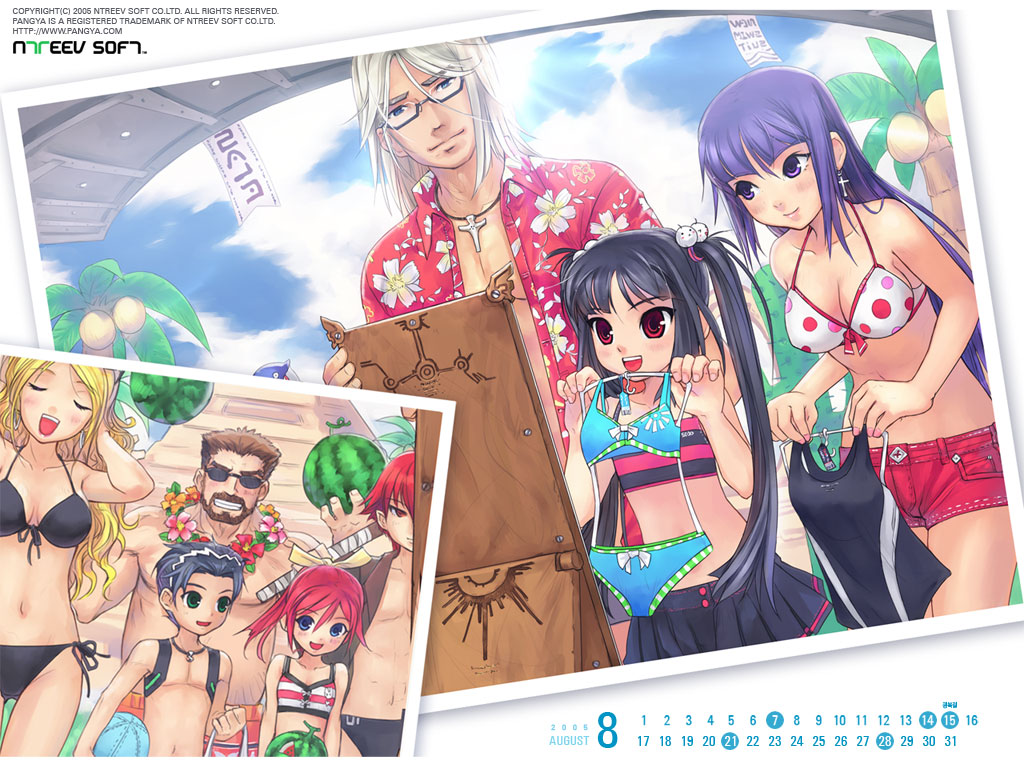hana, lee byung hee, seedark, arin (pangya), azer (pangya), cecilia, cecilia (pangya), hana (pangya), kaz (pangya), kooh (pangya), max, max (pangya), nuri (pangya), pangya, official art, official wallpaper, 4boys, 4girls, august, beach, bikini, black hair, blonde hair, blue eyes, brown hair, closed eyes, clothes in front, day, food, fruit, glasses, green eyes, long hair, multiple boys, multiple girls, one-piece swimsuit, pink hair, polka dot, polka dot bikini, ponytail, red eyes, red hair, shopping, short hair, side-tie bikini bottom, striped bikini, striped clothes, summer, swimsuit, twintails, watermelon, white hair