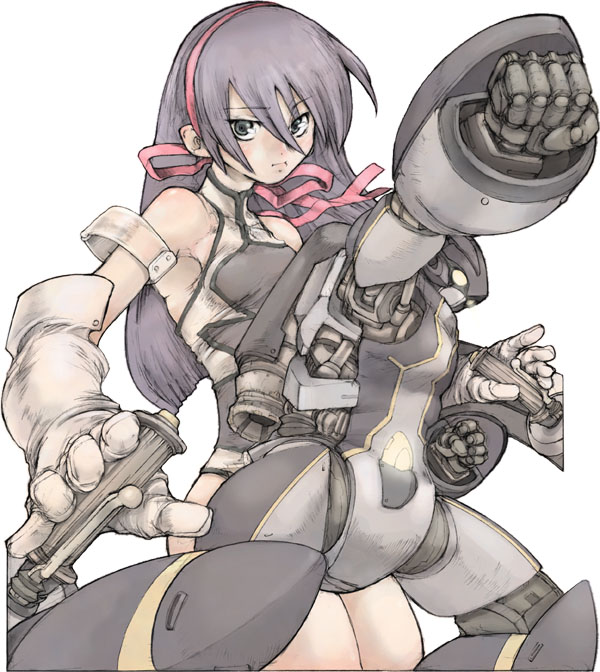 ichimonji kei, cosmo diver, lou roux, shinkon gattai godannar!!, light purple hair, 00s, 1girl, bow, female focus, gloves, grey eyes, hair bow, heattech leotard, leotard, mecha, multicolored leotard, robot, solo, turtleneck, two-tone leotard