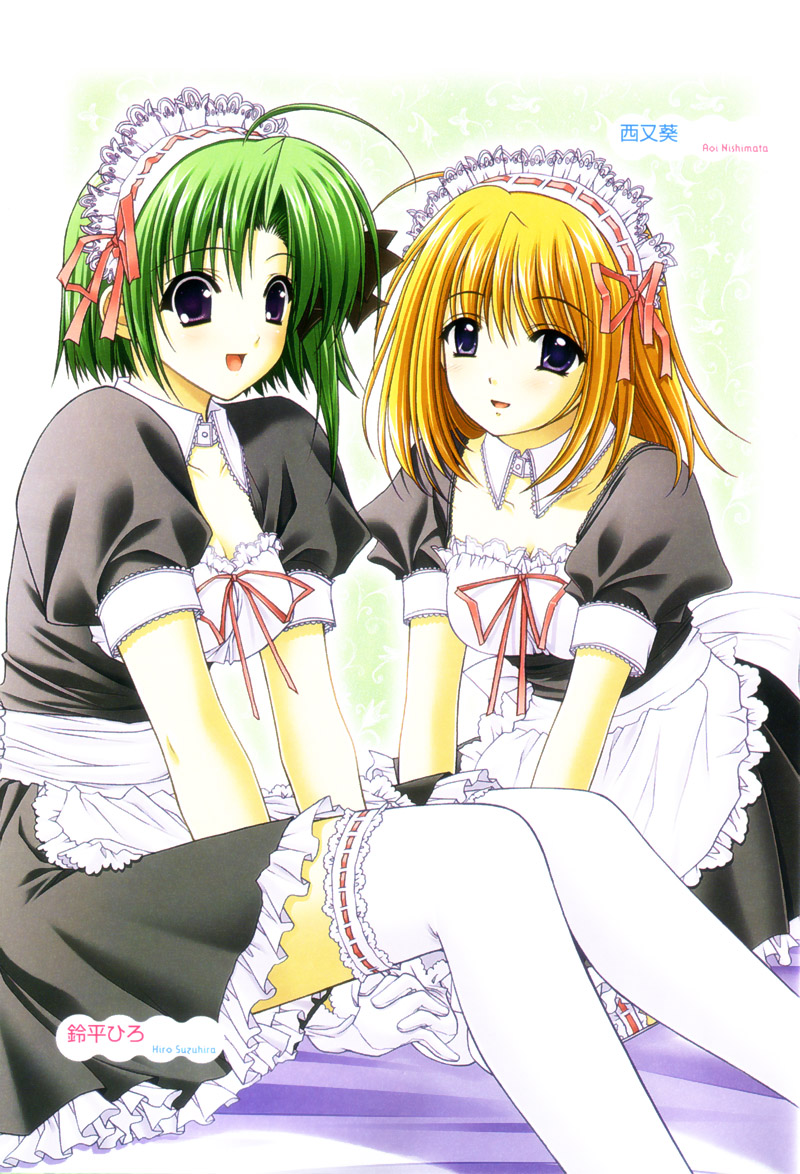 nishimata aoi, suzuhira hiro, fuyou kaede, shigure asa, shuffle!, official art, 00s, 2girls, maid, multiple girls, purple eyes, short hair, thighhighs