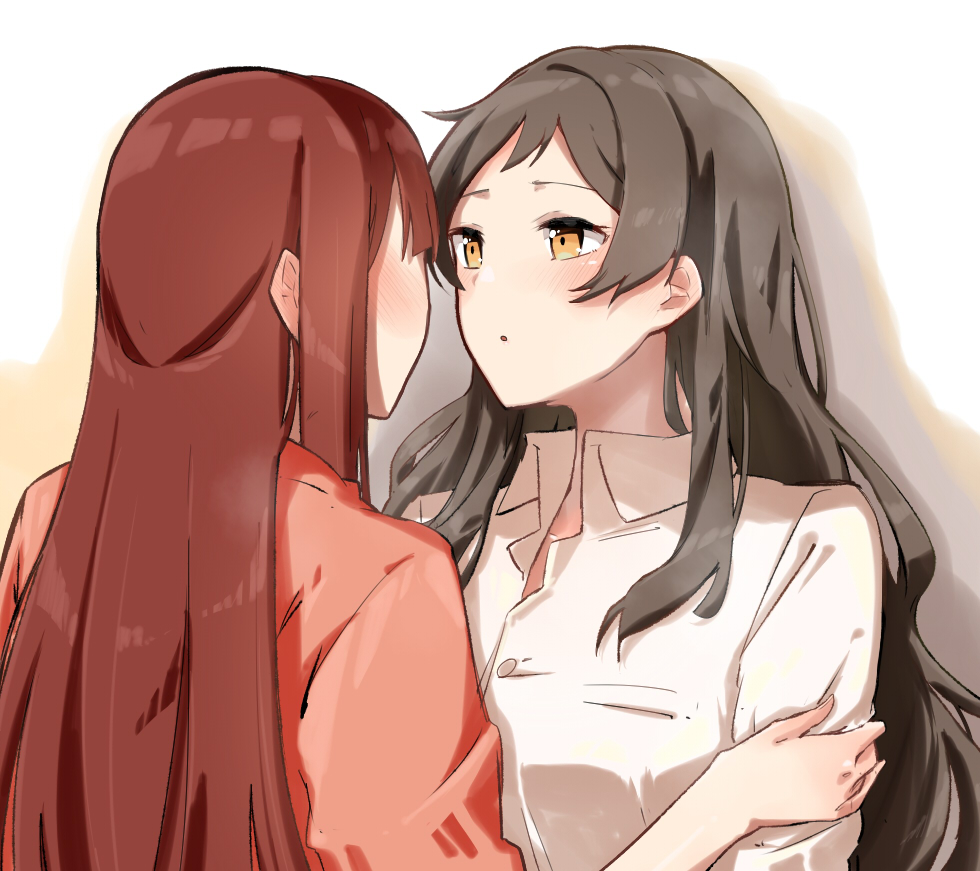 negu (pixiv 6519140), kitazawa shiho, tanaka kotoha, idolmaster, idolmaster million live!, 2girls, blush, brown eyes, brown hair, collared shirt, face-to-face, hand on another's arm, imminent kiss, long hair, multiple girls, parted lips, red hair, shirt, upper body, white shirt, yuri