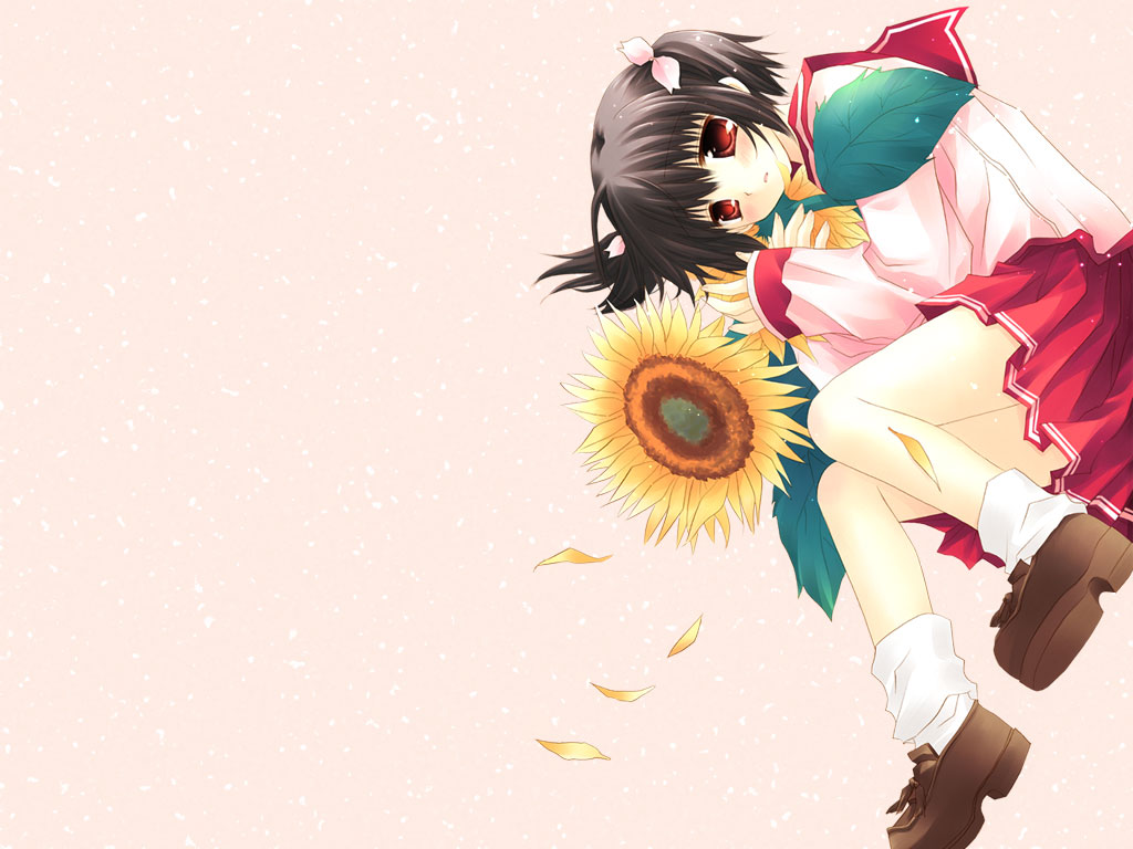 sakurazawa izumi, yuzuhara konomi, to heart (series), to heart 2, 00s, 1girl, black hair, female focus, flower, loafers, red eyes, red skirt, school uniform, shoes, short hair, short twintails, simple background, skirt, solo, sunflower, twintails, white background