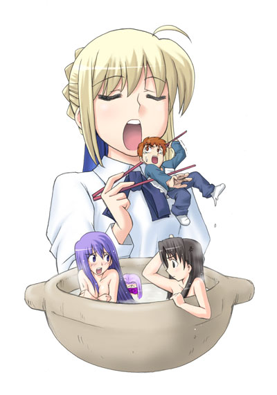 gts, artoria pendragon (fate), emiya shirou, matou sakura, medusa (fate), medusa (rider) (fate), saber (fate), tohsaka rin, fate/stay night, fate (series), 00s, 1boy, 4girls, blonde hair, blouse, brown hair, closed eyes, crying, cup, eating, giant, giantess, in container, in cup, long hair, mini person, miniboy, minigirl, multiple girls, open mouth, purple hair, raglan sleeves, scared, shirt, short hair, simple background, size difference, soft vore, tears, vore, white background