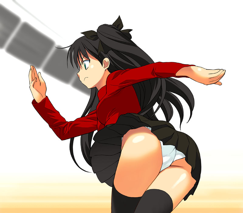 a1 (initial-g), tohsaka rin, fate/stay night, fate (series), 00s, 1girl, ass, bent over, black hair, black thighhighs, bowling, cameltoe, female focus, from behind, hair ribbon, miniskirt, panties, pantyshot, ribbon, skirt, solo, thighhighs, trefoil, turtleneck, twintails, two side up, underwear, upskirt, white panties, zettai ryouiki