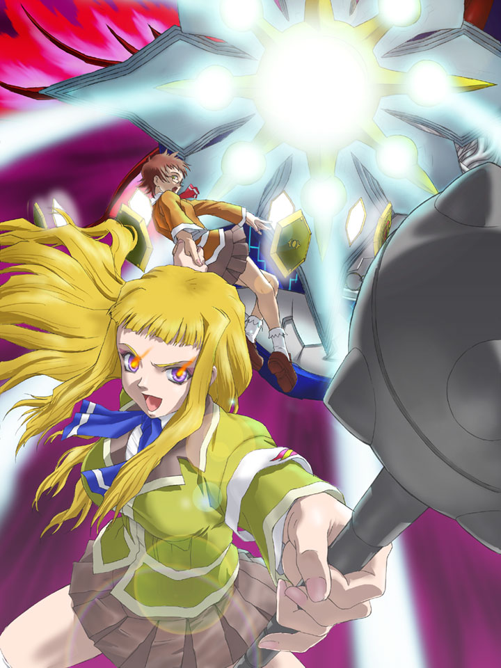 kikukawa yukino, suzushiro haruka, my-hime, light, 00s, 2girls, ascot, blonde hair, blunt bangs, bobby socks, breasts, brown hair, club (weapon), eyeshadow, floating hair, glowing, glowing eyes, grin, holding hands, large breasts, long hair, makeup, multiple girls, pleated skirt, purple eyes, school uniform, short hair, skirt, smile, socks, weapon