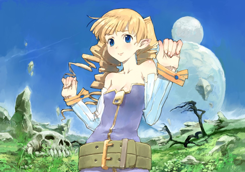 toi8, archer (disgaea), disgaea, nippon ichi, phantom kingdom, 1girl, bare shoulders, belt, blonde hair, blue eyes, blush, body blush, breasts, cleavage, day, demon girl, detached sleeves, drill hair, female focus, floating, full moon, grass, leaf, long hair, looking at viewer, moon, nature, no bra, outdoors, outstretched arms, planet, pointy ears, rock, skull, sky, small breasts, smile, solo, spread arms, tree, twin drills, upper body, wristband, zipper