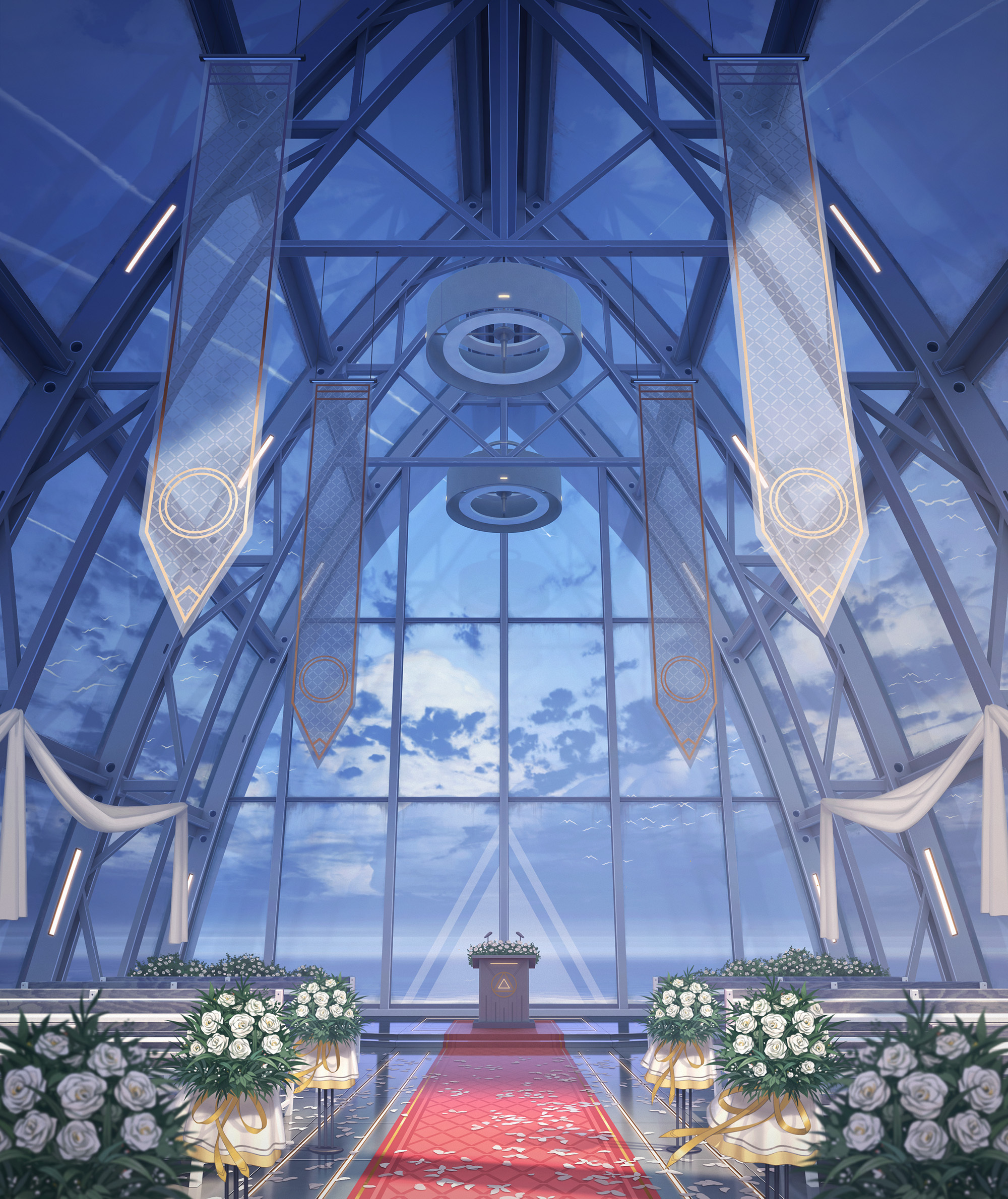 mangshuo, black surge night, chinese commentary, highres, official art, architecture, banner, bouquet, cloud, day, flower, glass ceiling, glass wall, hanging light, indoors, lectern, no humans, ocean, petals, pew, red carpet, rose, scenery, stanchion, white flower, white rose